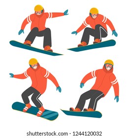 Colección Snowboarding. Dibujo vectorial de un hombre con chaqueta roja de invierno en diferentes poses en acción en el tablero de nieve. Aislado en blanco.