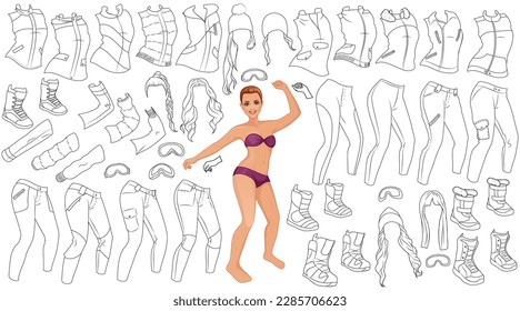 Snowboarding Coloring Page Paper Doll with Female Figure, Outfits, Hairstyles and Accessories. Vector Illustration