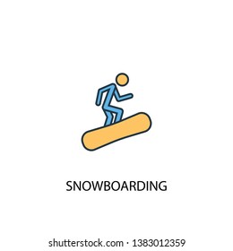 Snowboarding concept 2 colored line icon. Simple yellow and blue element illustration. Snowboarding concept outline symbol design