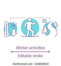 Snowboarding concept icon. Winter activity idea thin line illustration. Snowboarder. Mountain resort. Vector isolated outline drawing. Editable stroke