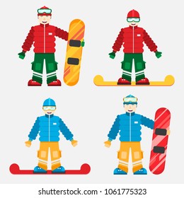 Snowboarding concept, a set of cartoon characters of a man with a snowboard and snowboarding vector illustration of a flat

