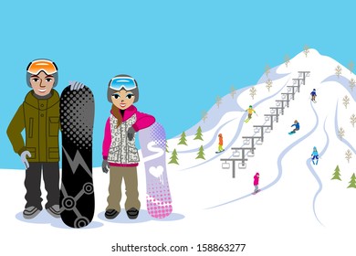 Snowboarding couple, in ski slope