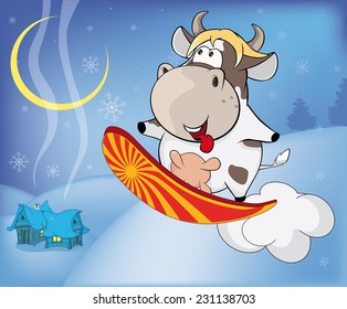 Snowboarding cow cartoon 