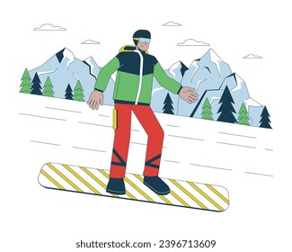 Snowboarding downhill winter sports line cartoon flat illustration. Extreme snowboarder going down hill 2D lineart character isolated on white background. Wintersport scene vector color image