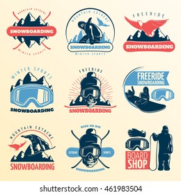 Snowboarding emblem set in color with mountain extreme winter sports freeride and board shop descriptions vector illustration