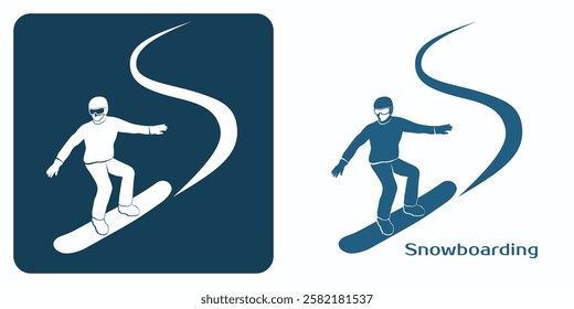 Snowboarding Emblem. Snowboarder maneuvers downhill. One of the logos of the winter games set. Two color, black blue and white graphics. Vector illustration.
