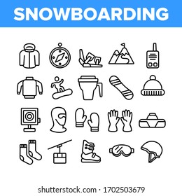 Snowboarding Equipment Collection Icons Set Vector. Mask And Snowboard, Shoes And Helmet, Gloves And Cup Snowboarding Accessory Concept Linear Pictograms. Monochrome Contour Illustrations