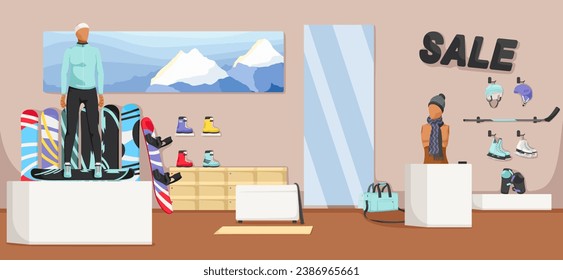 Snowboarding equipment collection on sale. Boutique and shop interior. Set of skates, snowboards, clothes. Extreme sport wear. Winter design. Vector illustration