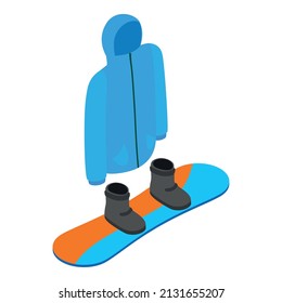 Snowboarding equipment icon isometric vector. Snowboarding jacket, boot, snowboard. Sportswear, sport equipment, extreme sport