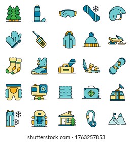 Snowboarding equipment icon set. Outline set of snowboarding equipment vector icons thin line color flat isolated on white