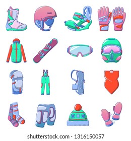 Snowboarding equipment icons set. Cartoon set of snowboarding equipment vector icons for web design