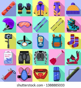 Snowboarding equipment icons set. Flat set of snowboarding equipment vector icons for web design