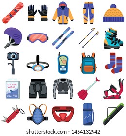 Iconos de equipamiento para snowboarding. Conjunto plano de iconos vectoriales de equipos de snowboard para diseño web