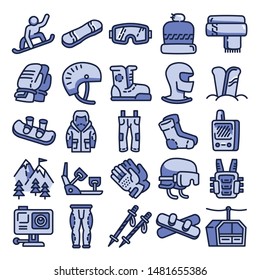 Snowboarding equipment icons set. Outline set of snowboarding equipment vector icons for web design isolated on white background
