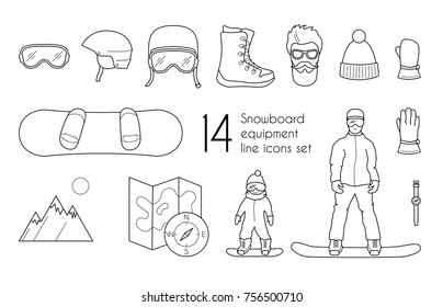 Snowboarding equipment line icons set isolated on white background. Vector winter sport illustration