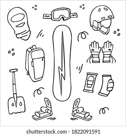 Snowboardausrüstung. Doodle, Vektorgrafik. Doodle, Vektorgrafik. Snowboard, Helm, Brille und andere Ausrüstung