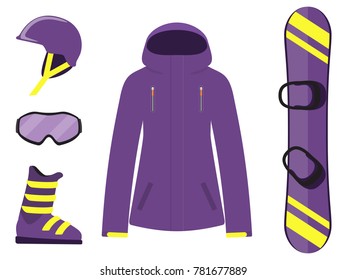 Snowboarding equipment, set. Snowboard, helmet, glasses, boots, jacket Winter equipment icons Vector illustration in flat style