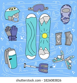 Snowboarding equipment set vector illustration on blue background with curls and herringbones