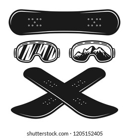 Snowboarding equipment set of vector objects or design elements in vintage monochrome style isolated on white background