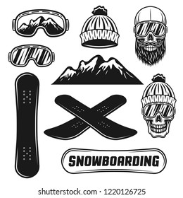Snowboarding equipment set of vector objects or design elements with skier skull, mountains in vintage monochrome style isolated on white background