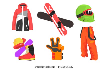 Snowboarding Equipment Set, Winter Sport, Active Lifestyle Vector Illustration