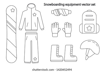 Snowboarding equipment simple line vector set. Isolated snowboard, goggles, gloves, boots, helmet, backpack, jacket, pants. Rider clothing objects