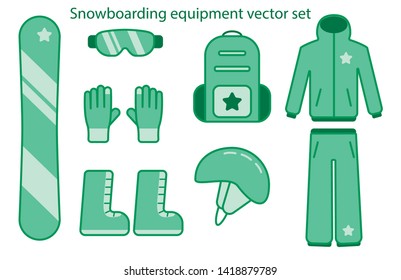 Snowboarding equipment simple vector set. Isolated snowboard, goggles, gloves, boots, helmet, backpack, jacket, pants. Monochrome green rider clothing objects. EPS 8