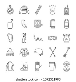Snowboarding equipment ski winter snow icons set. Outline illustration of 25 snowboarding equipment ski winter snow vector icons for web