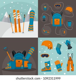 Snowboarding equipment ski winter snow banner concept set. Flat illustration of 4 snowboarding equipment ski winter snow vector banner horizontal concepts for web