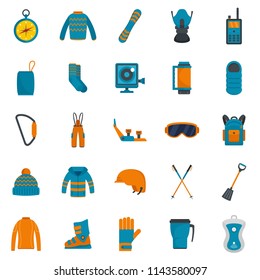 Snowboarding equipment ski winter snow icons set. Flat illustration of 25 snowboarding equipment ski winter snow vector icons isolated on white