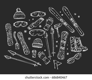 Snowboarding equipment vector illustration. Set of snowboard, skis and ski poles, hat, mask, glass, shoes, gloves. Seasonal vacation, activity or travel clothing. Winter mountain sport. 