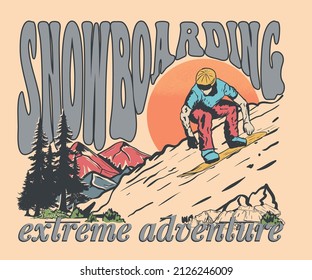 Snowboarding explore at the mountain vector design for t shirt, poster, sticker and others. Mountain vibes colorful illustration print artwork.