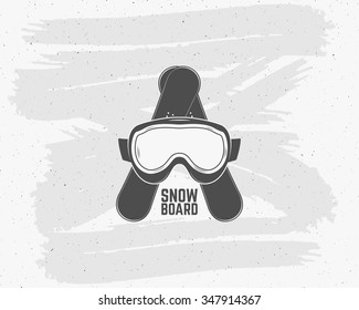 Snowboarding extreme logo and label templates. Winter snowboard sport equipment. Goggles, board Emblem and icon. Mountain Adventure insignia, symbol and element Vector vintage monochrome style