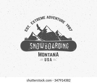 Snowboarding extreme logo and label templates. Winter snowboard sport store badge. Emblem and icon. Mountain Adventure insignia, symbol and element Vector vintage monochrome style. Retro design