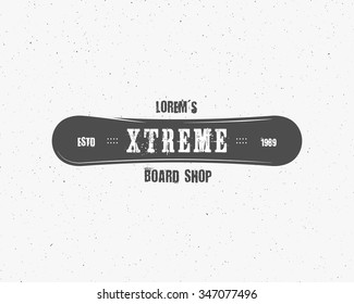 Snowboarding extreme shop logo and label template. Winter sport store badge. Emblem and icon. Mountain Adventure insignia. Vector vintage monochrome style. Retro design.