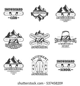 Snowboarding, extreme sport, equipment for snowboard,snowboard club, school set of vector vintage emblems, labels, badges and logos in monochrome style on white background