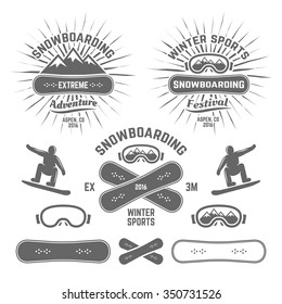 Snowboarding extreme winter sports set of monochrome vector labels, emblems, logos templates and design elements isolated on white background 