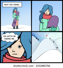 Snowboarding first time riding funny comic story. Surprised young woman snowboard rider in winter special mountaneering clothes getting ready to ride a snow board from the hill first time.  
