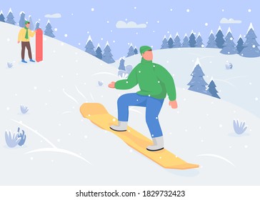 Snowboarding flat color vector illustration. Winter sports options. Sledding downhill. Outdoor snow activities variety. Sporty 2D cartoon characters with snowy mountains on background