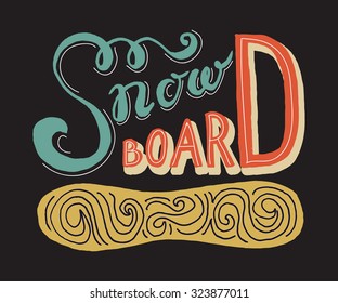 Snowboarding flat linear design style sport vector typography icon, badge set. Winter sport posters with boards for postcard, logotype or banner template.Snow activity team, company, shop logotype set