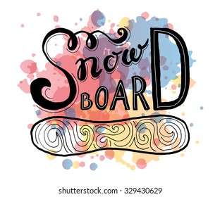 Snowboarding flat linear design style sport vector typography icon, badge set. Winter sport posters with boards for postcard, logotype or banner template.Snow activity team, company, shop logotype set