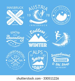 Snowboarding flat linear design style sport vector typography icon, badge set. Winter sport posters with boards for postcard, logotype or banner template.Snow activity team, company, shop logotype set