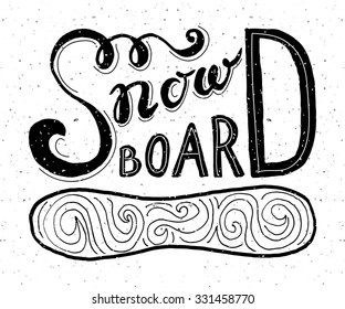 Snowboarding flat linear design style sport vector typography icon, badge set. Winter sport posters with boards for postcard, logotype or banner template.Snow activity team, company, shop logotype set