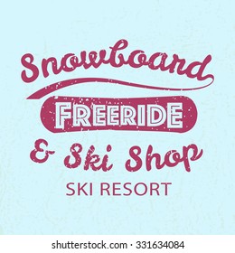 Snowboarding flat linear design style sport vector typography icon, badge set. Winter sport posters with boards for postcard, logotype or banner template.Snow activity team, company, shop logotype set