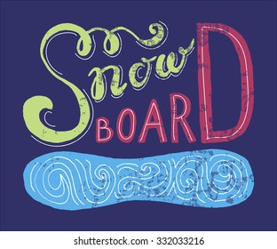 Snowboarding flat linear design style sport vector typography icon, badge set. Winter sport posters with boards for postcard, logotype or banner template.Snow activity team, company, shop logotype set
