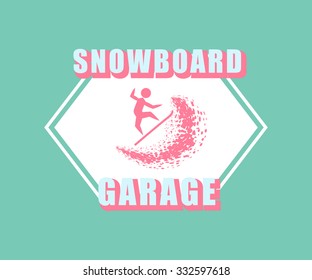 Snowboarding flat linear design style sport vector typography icon, badge set. Winter sport posters with boards for postcard, logotype or banner template.Snow activity team, company, shop logotype set