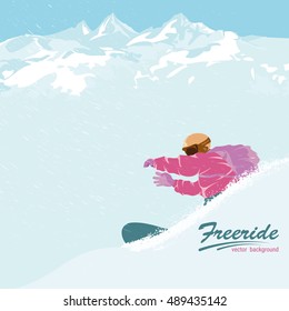 Snowboarding and free-ride. Vector illustration. Template for posters, banners, invitations. Promoting an active lifestyle. Mountains, snow, speed and sport.