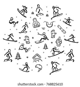 Snowboarding Freestyle Doodle Set. Hand drawn vector line art.