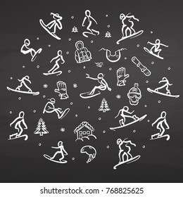 Snowboarding Freestyle Doodle Set on chalkboard. Hand Drawn white line icons of snowboarding people and equipment on black background.