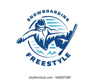 Logotipo Snowboarding freestyle - ilustración vectorial, diseño emblemático sobre fondo blanco